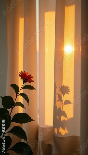 Beige curtain, floral shadows, sunset light, foliage silhouette , photography, soft, texture