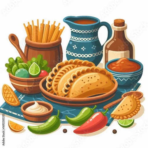 Food spread empanadas vegetables and condiments displayed on a blue patterned cloth