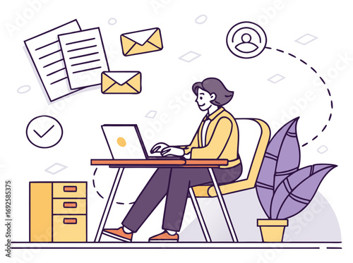 Woman typing on laptop at desk with documents and plants, productive office work scene illustration