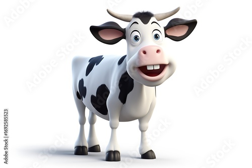Cheerful cartoon cow with a big smile standing against a plain white background, ideal for children's media