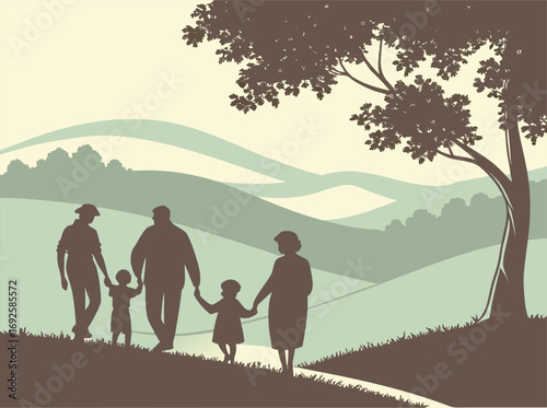 Family on a Scenic Walk A Loving Group Enjoying Nature's Beauty Together in Harmonious Silhouette