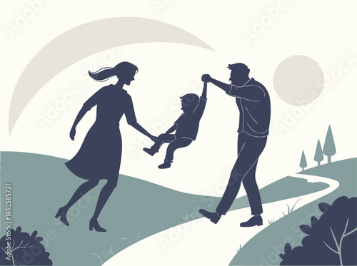 Family enjoying outdoor activities A mother, father, and child playing happily together in nature