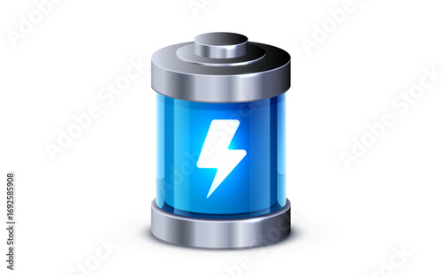 Full charged glowing battery . Realistic glass power battery.