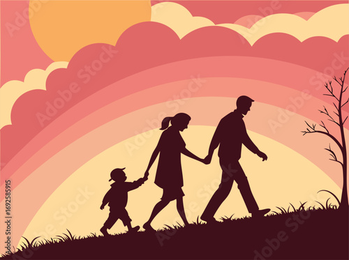 A Silhouette Family Walking Up a Hill Towards a Bright Sunset, Symbolizing Hope and Journey