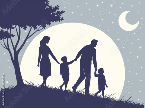 Family Silhouette Walk Under the Moonlight