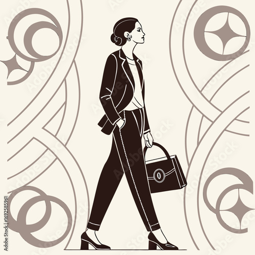 Elegant Businesswoman Walking, Modern Minimalist Illustration