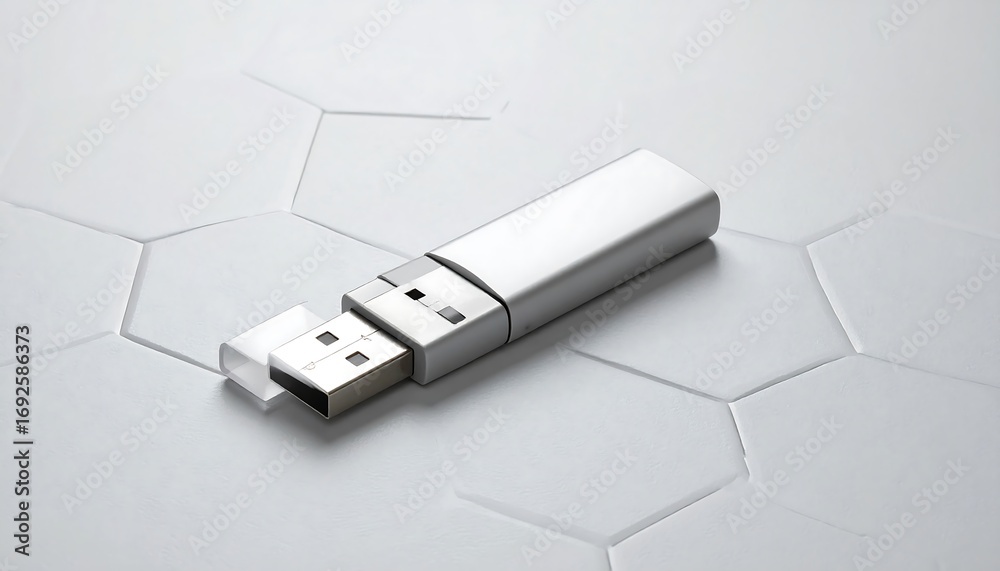 Fototapeta premium Silver USB drive on a white honeycomb tile surface