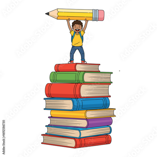 Boy standing on stack of books holding large pencil celebrating education and learning child student