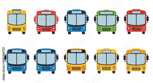 a row of colorful buses neatly arranged in two lines