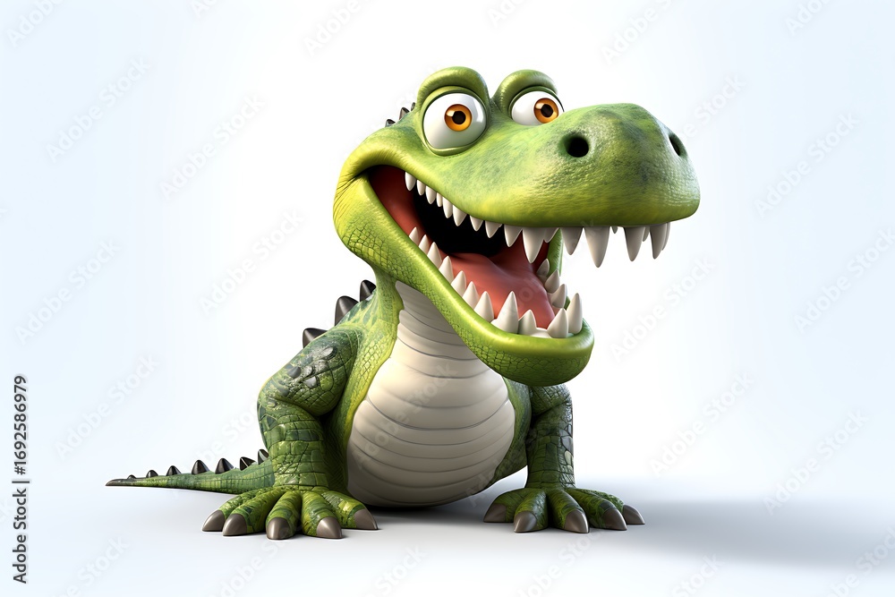 Fototapeta premium Cartoon dinosaur character with a big smile, set against a plain background, ideal for children's media