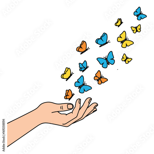 Hand releasing colorful butterflies into the air on a white background Keywords: hand, releasing, butterflies, flying