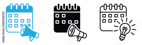 Premium linear icon of public event announcement .Announce your next big idea with   and a glowing lightbulb next to a calendar marking important dates for strategic planning   campaign launch success
