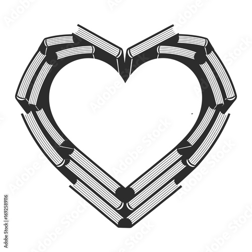 Heart shape formed by stacked books with white pages and dark covers reading love