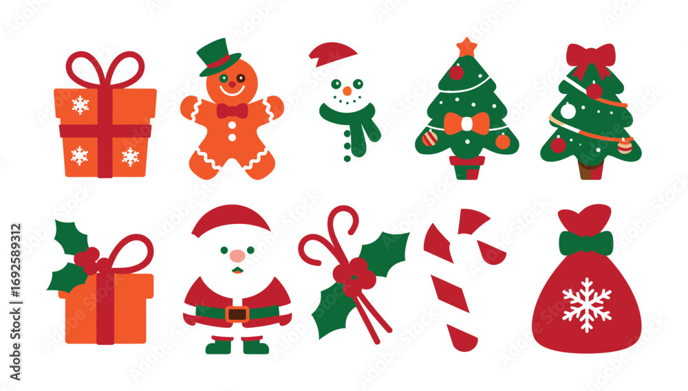 Naklejka premium Celebrate the magic of Christmas with this vibrant collection of festive icons featuring Santa Claus, gingerbread man, snowman, decorated trees, candy canes, holly, and gift boxes, perfect for holiday