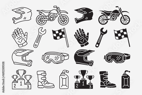 Motocross gear and racing equipment icons set in line art and solid style. Helmet, Dirt bike, Gloves, Wrench, Checkered flag, Goggles, Trophy podium, Racing boots, Oil can. Vector Illustration