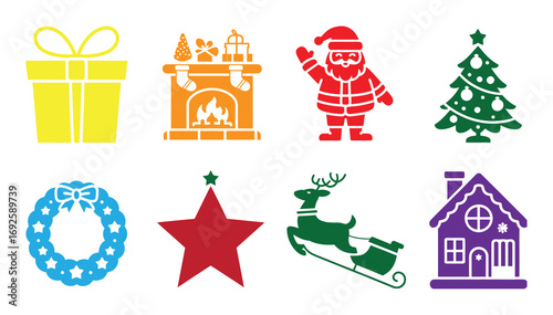 Festive Christmas icons featuring Santa, reindeer, tree, gift, star, house, fireplace, and wreath capturing the joyous spirit of the holiday season, perfect for holiday greetings and seasonal designs