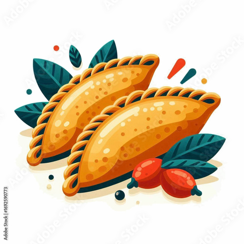 Two empanadas lie near leaves  red berries