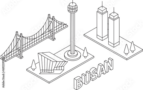 Busan Landmark Outline Isometric Vector Illustration with Bridge, Tower, and Modern Architecture