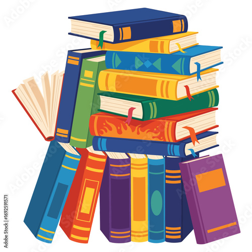 Colorful stack of books with open book and bookmark vector illustration
