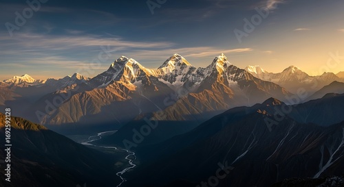 Golden Sunlight Illuminates Himalayan Mountain Peaks.