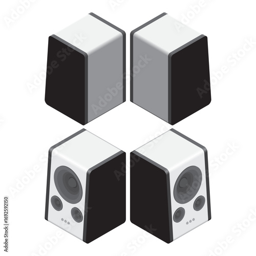 Modern black and white monotone isometric speaker with all four directions