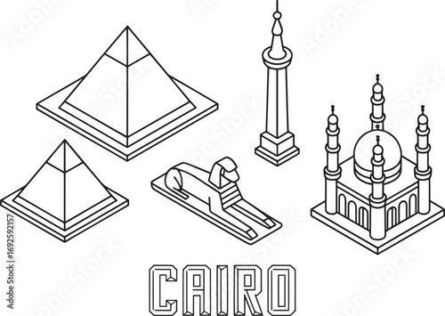 Cairo Landmark Isometric Vector Illustration with Pyramids, Sphinx, Mosque and Minaret
