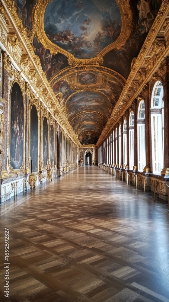 Obraz premium Grand Hallway: Ornate Ceiling, Golden Details, Perspective, Architectural Elegance.