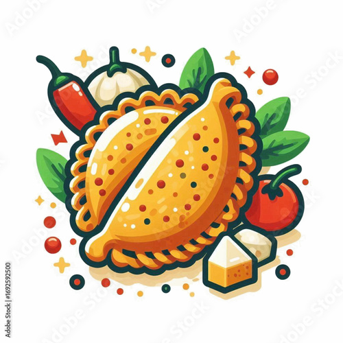A halved empanada is surrounded by garlic chili tomato cheese  leaves