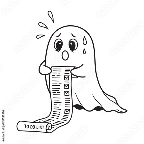 Stressed Ghost with Long To-Do List Cartoon