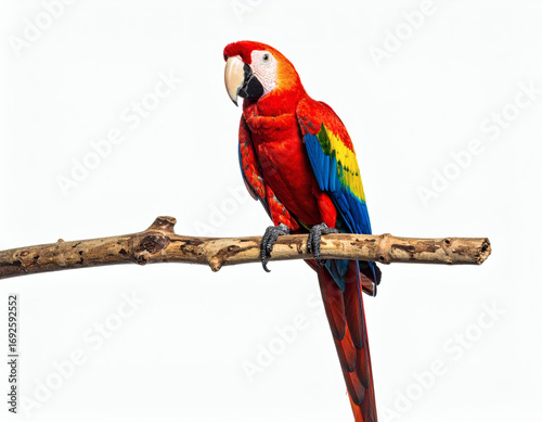 Vibrant Scarlet Macaw parrot with colorful red, blue, and yellow plumage perched on a dry branch against a clean white background