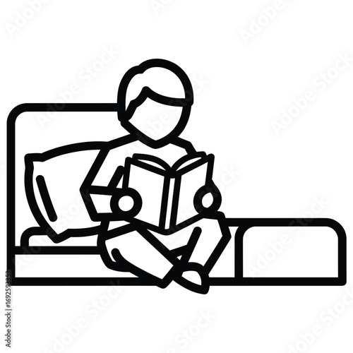 Line art of a child reading a book in bed girl