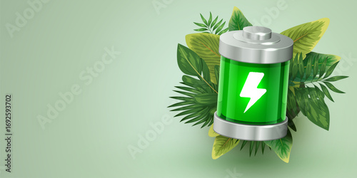 Full charged glowing battery with leaves. Realistic glass power battery.
