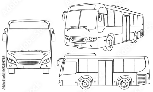 大型バスのおしゃれな線画ベクターイラストセット / 自動車 / ラインアート