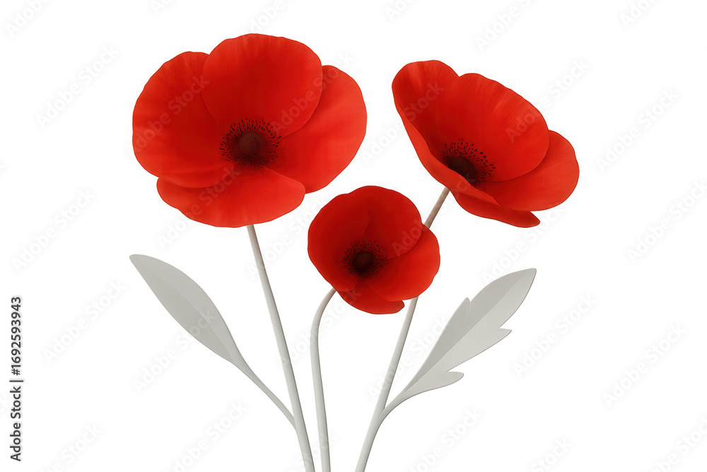 Naklejka premium 3d rendering of three red poppies blooming with white stems and leaves, isolated on a transparent background