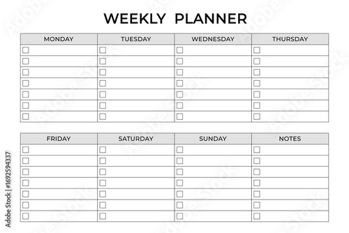 Weekly Planner template in minimal style for organizing tasks. Clean and minimalist weekly planner template. Easy to customize and print. Perfect for personal time management and productivity planning