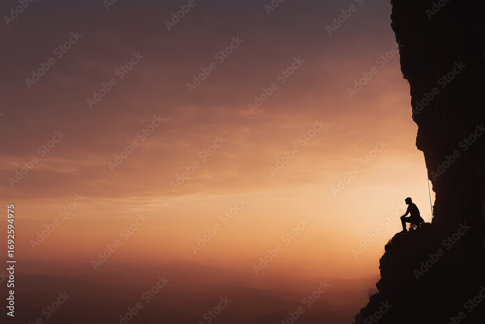 Naklejka premium Man climbing mountain at sunrise