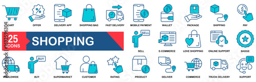 Shopping icon set. Containing cart, shop, offer, delivery, e-commerce, buy, product, customer, online shopping and more. vector icons collection.