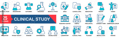 Clinical Study icon set. Research, clinical trial, laboratory, researcher, consent form, medication, experimental, analysis, clinical data and more. vector icons collection.�