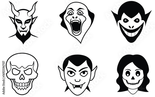 Six Spooky Halloween Monsters and Ghouls Faces Collection