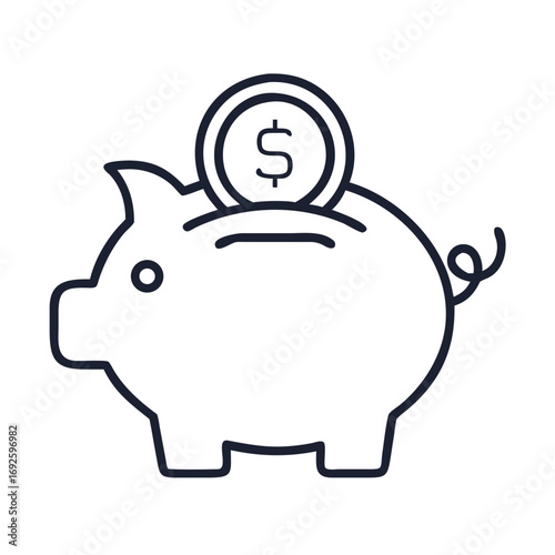 Vector icon of piggy bank with coin in outline style for finance and savings
