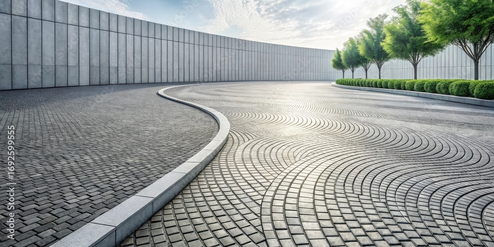 Fototapeta premium Serene curved paved pathway alongside a modern grey wall, enhanced by a lush green hedge and trees under a bright sky