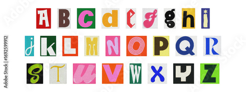 Cut-out magazine alphabet letters set on transparent background, retro ransom style