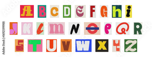 Cut-out magazine alphabet letters set on transparent background, retro ransom style