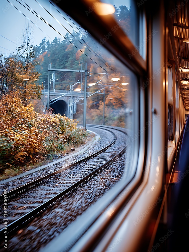 Obraz premium A view from a moving train window, capturing the motion and a forest landscape before a tunnel, symbolizing a journey, change, and the unknown ahead.