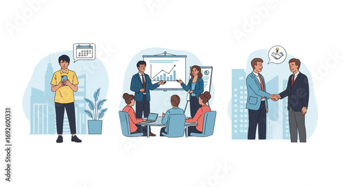 High-res vector illustration of a professional's business journey. Scenes show making an appointment, giving a presentation, and a successful handshake with an investor.
