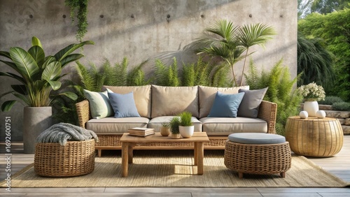 Serene Outdoor Patio Furniture Arrangement with Woven Accents and Lush Greenery