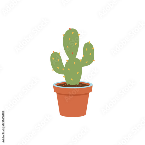 A charming flat vector illustration of a potted prickly pear cactus, an iconic desert succulent houseplant in a terracotta pot for minimalist home decor