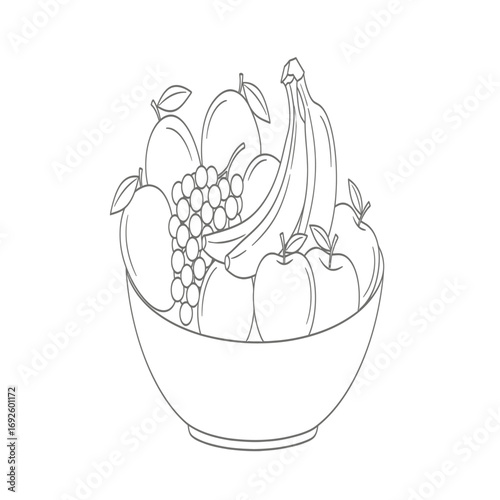Black and white line drawing of kitchenware including kettle mugs and french press