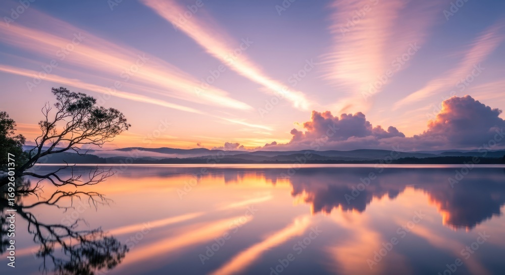 Fototapeta premium Serene Sunrise over Calm Lake with Tree Silhouette.