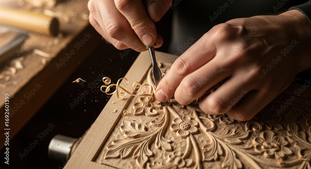 Obraz premium Skilled artisan hands meticulously carving intricate floral patterns into wood.